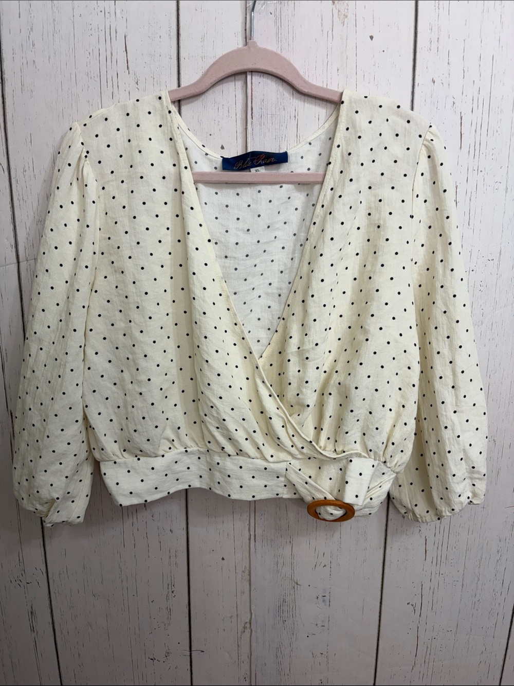 Blue Rain Cream Polka Dot Wrap Blouse with Buckle